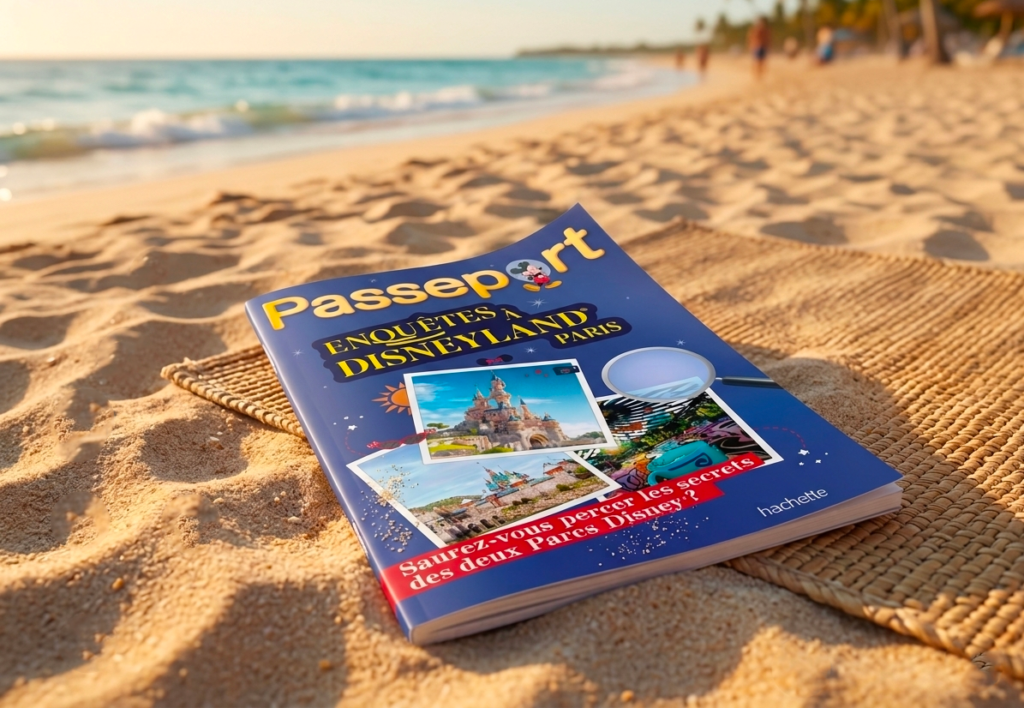 Enquête à Disneyland Paris : Ce cahier de vacances Disneyland Paris Hachette vaut-il ses 7,99 € ? Passeport Enquêtes à Disneyland Paris posé sur le sable d'une plage ensoleillée - poolpi.blog